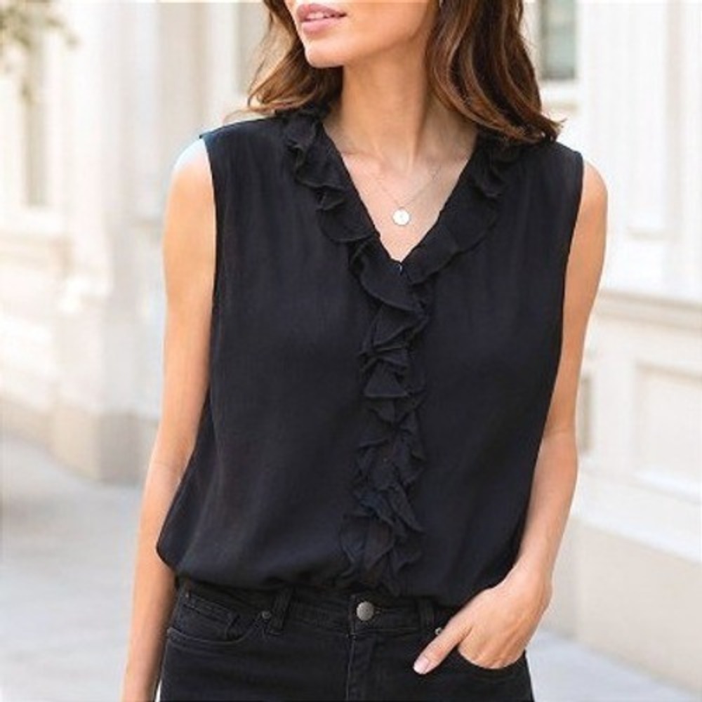 VTG New York City Design Co. Black Silk Chiffon Ruffle Chic Sleeveless Blouse L